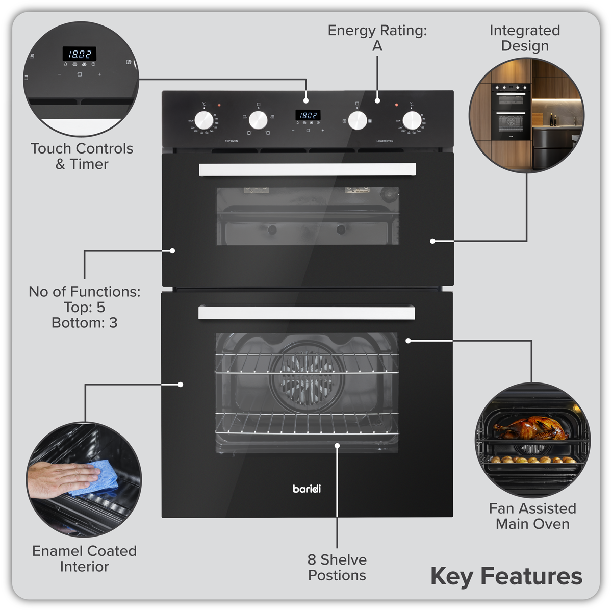 90cm Built-In Double Oven, 88L Capacity, Energy Rating A – Black DH279