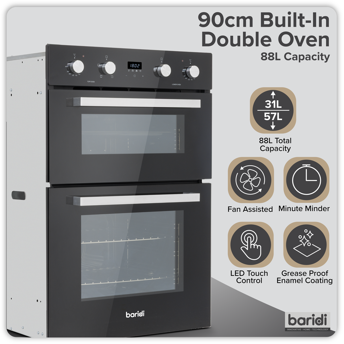 90cm Built-In Double Oven, 88L Capacity, Energy Rating A – Black DH279