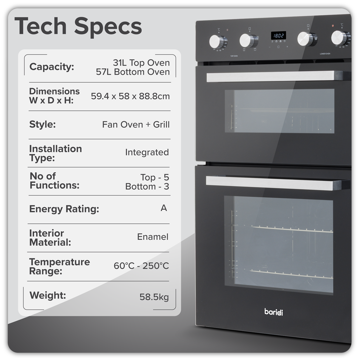 90cm Built-In Double Oven, 88L Capacity, Energy Rating A – Black DH279
