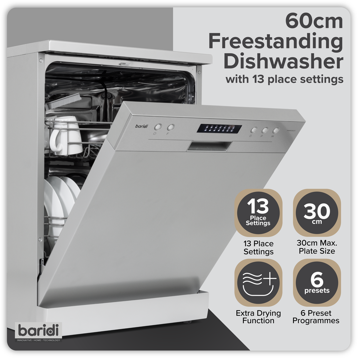 Regular Sized Freestanding Dishwasher 60cm Wide 13 Place Settings - Silver DH280