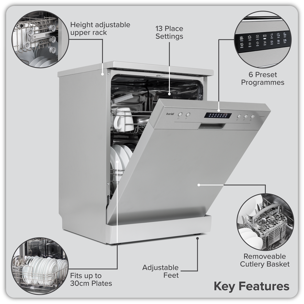Regular Sized Freestanding Dishwasher 60cm Wide 13 Place Settings - Silver DH280