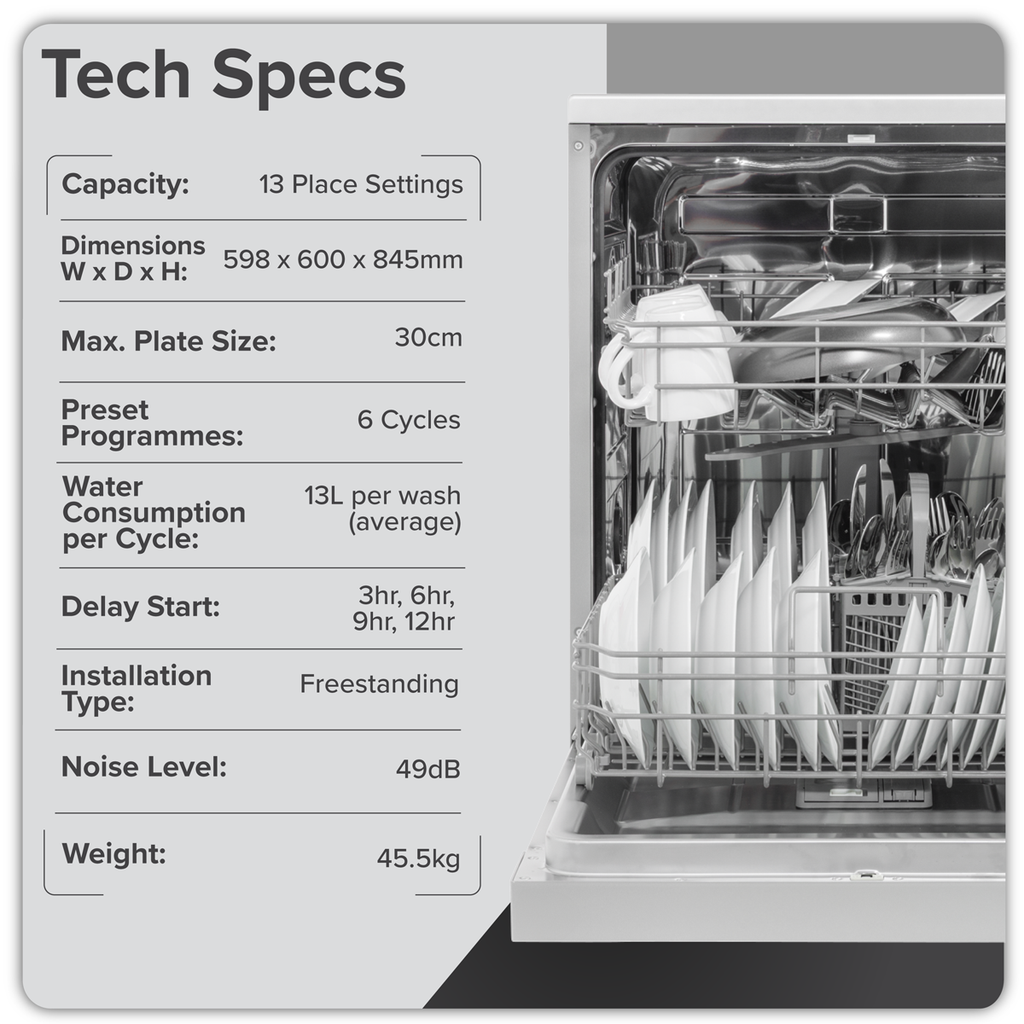Regular Sized Freestanding Dishwasher 60cm Wide 13 Place Settings - Silver DH280