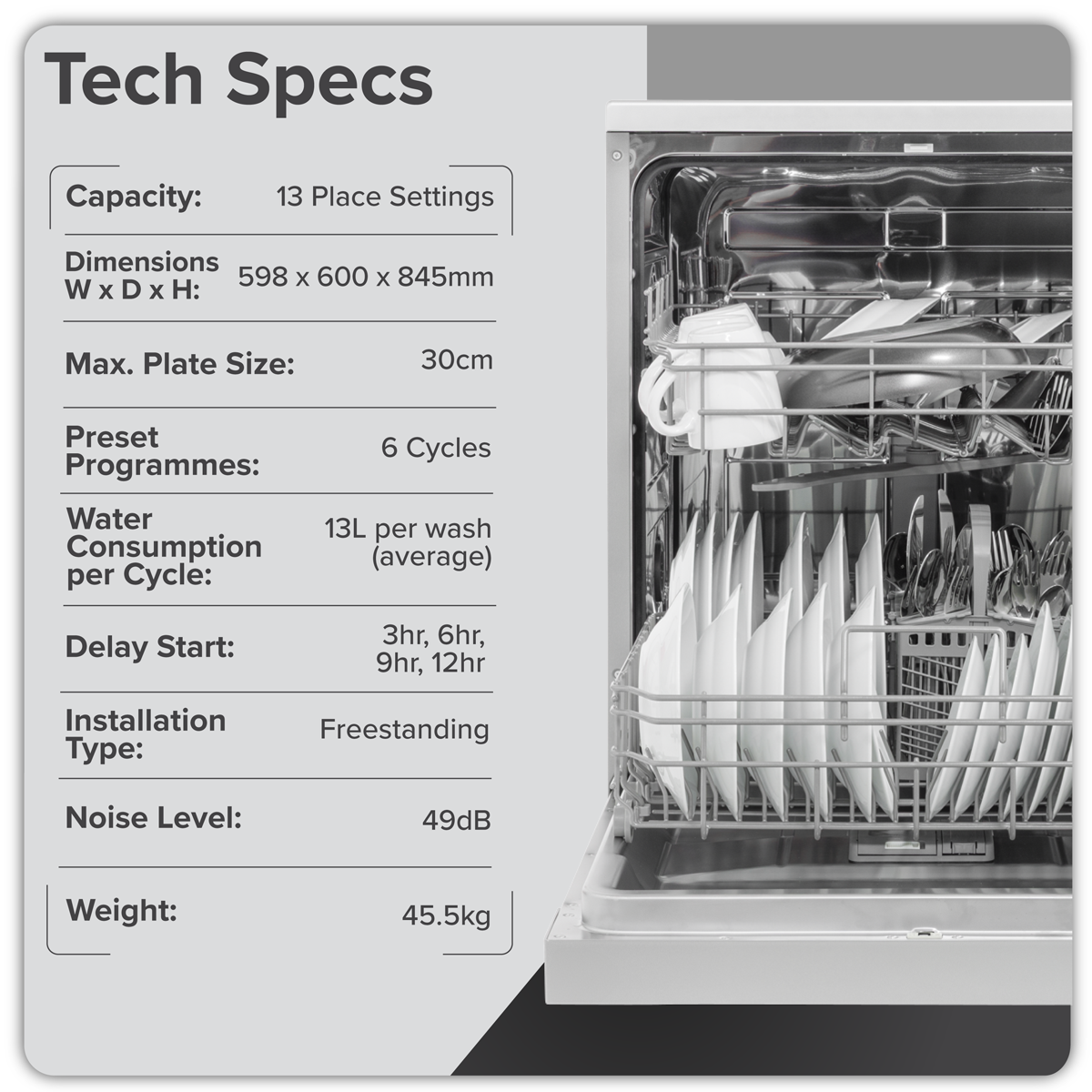 Regular Sized Freestanding Dishwasher 60cm Wide 13 Place Settings - Silver DH280