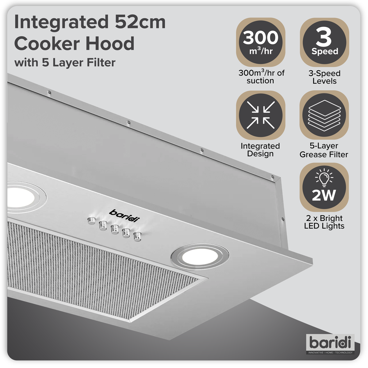 Cooker Hood with 5 Layer Filter 52cm - Stainless Steel DH284