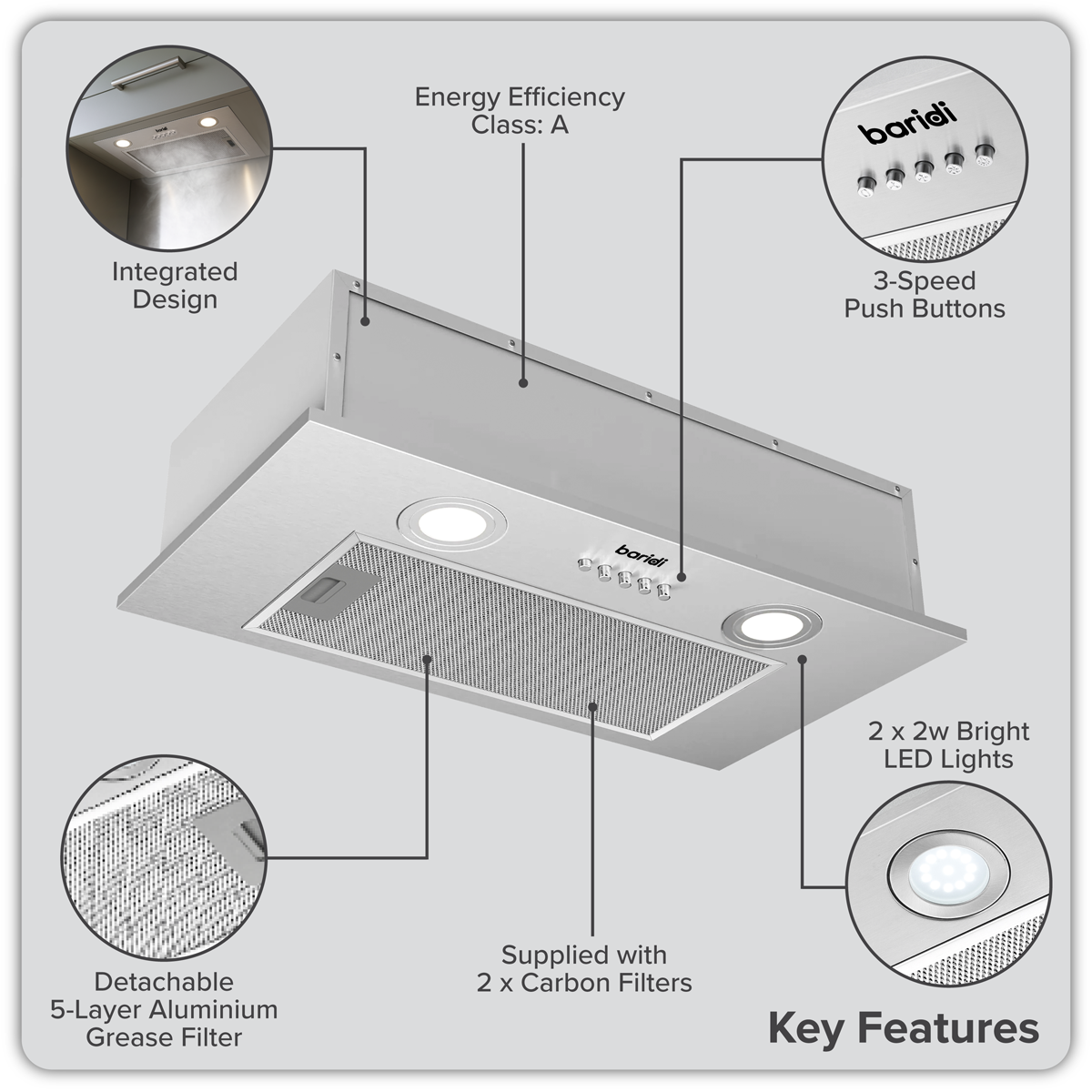 Cooker Hood with 5 Layer Filter 52cm - Stainless Steel DH284
