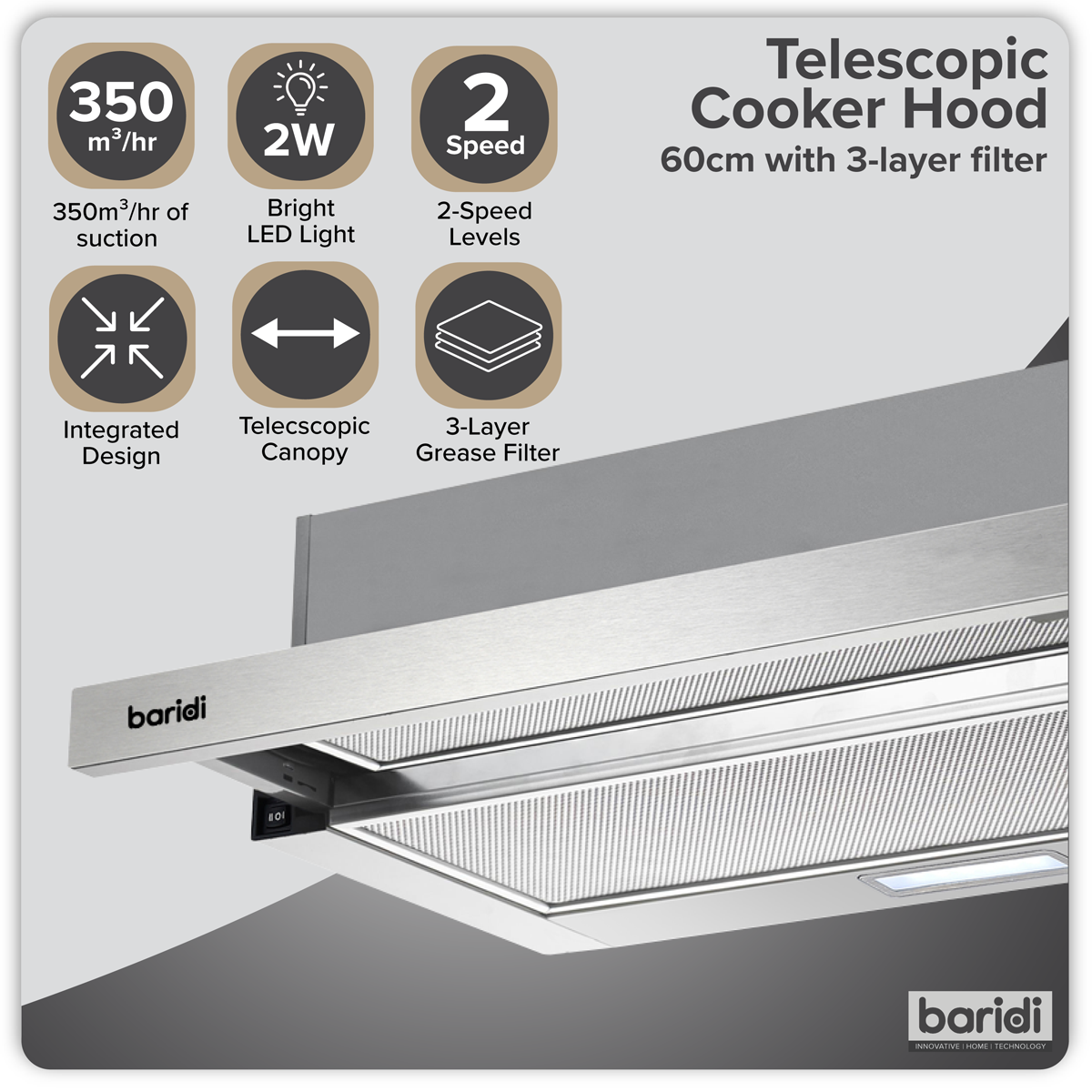 Telescopic Cooker Hood with Aluminium Filters 60cm - Stainless Steel DH286