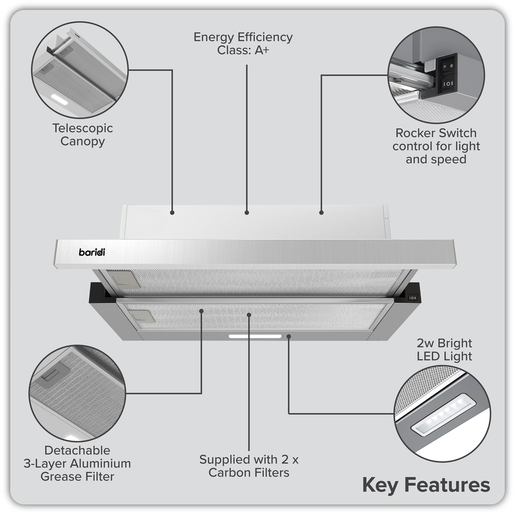 Telescopic Cooker Hood with Aluminium Filters 60cm - Stainless Steel DH286