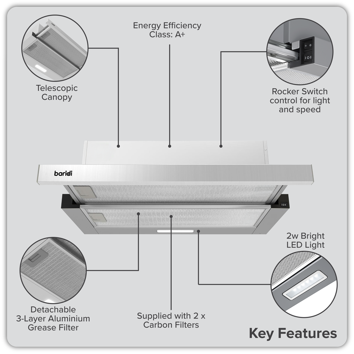 Telescopic Cooker Hood with Aluminium Filters 60cm - Stainless Steel DH286