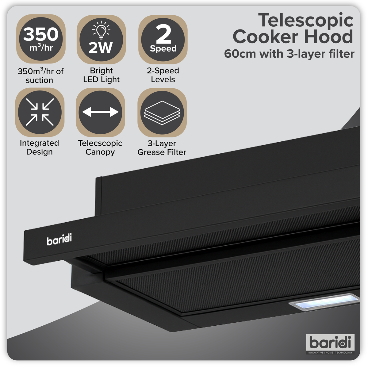 Telescopic Cooker Hood with Aluminium Filters 60cm - Black DH287