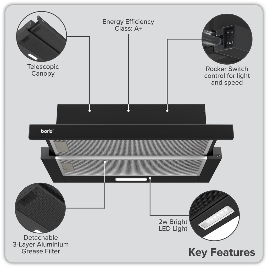 Telescopic Cooker Hood with Aluminium Filters 60cm - Black DH287