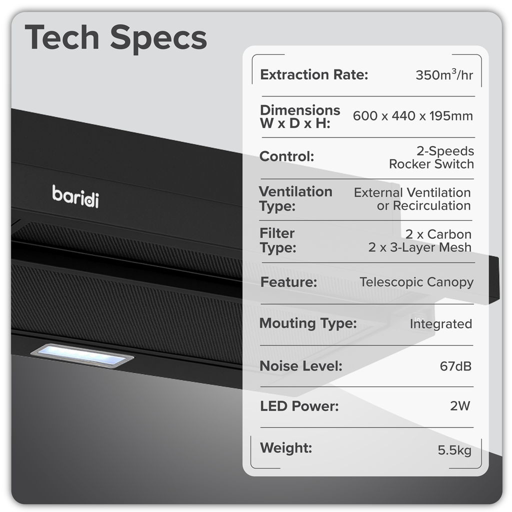 Telescopic Cooker Hood with Aluminium Filters 60cm - Black DH287