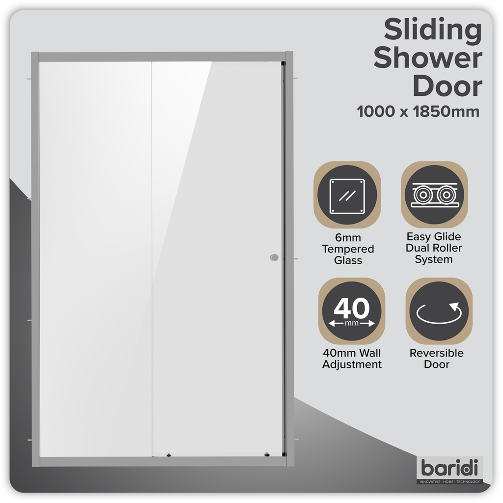 Sliding Shower Door 1000 x 1850mm, 6mm Tempered Glass, Reversible - Chrome DH292