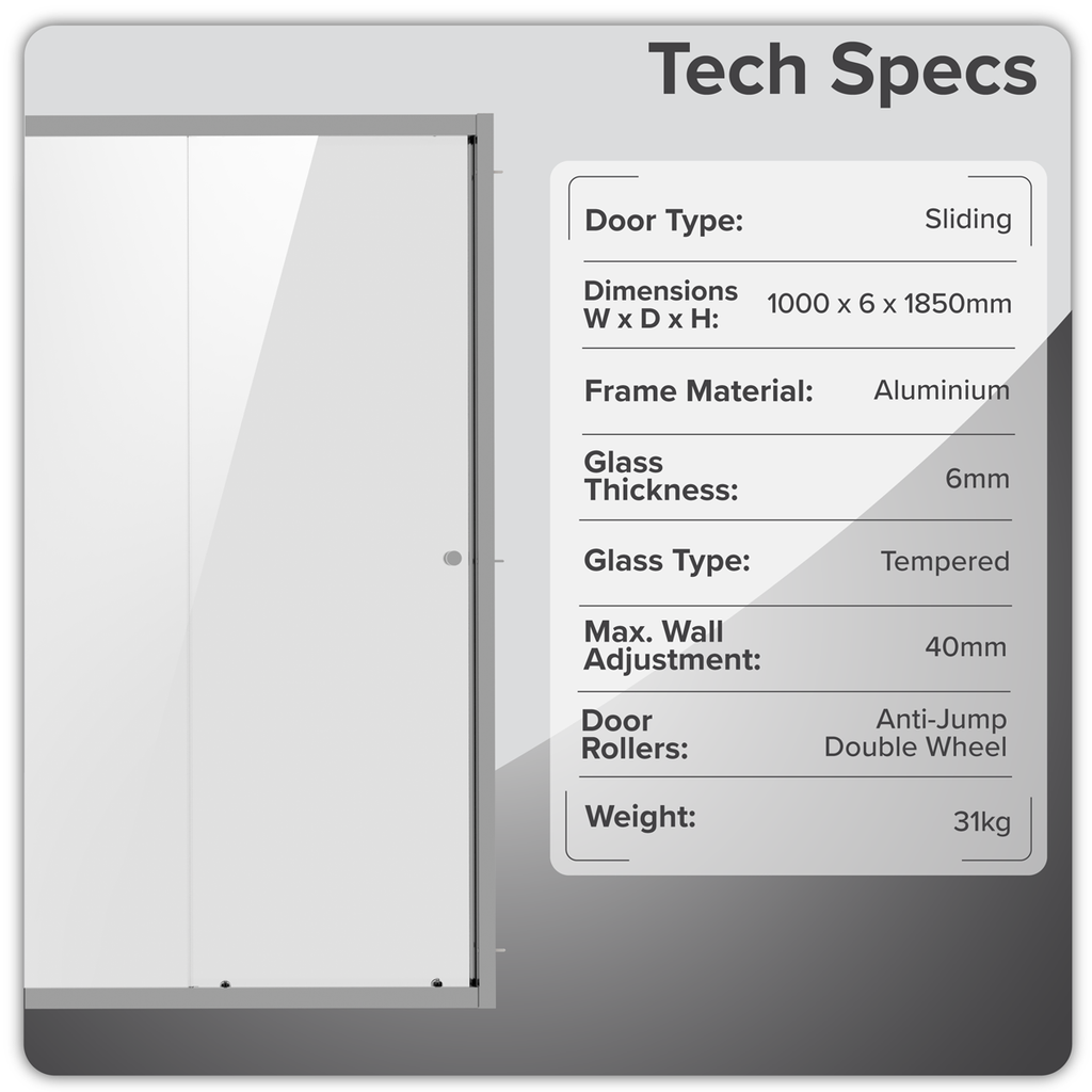 Sliding Shower Door 1000 x 1850mm, 6mm Tempered Glass, Reversible - Chrome DH292