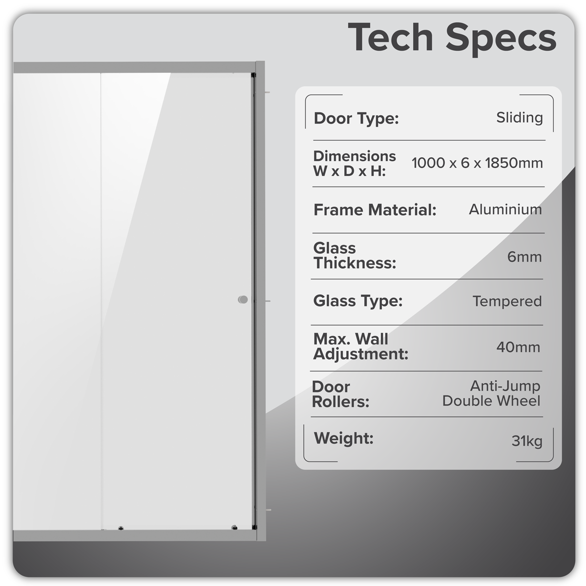 Sliding Shower Door 1000 x 1850mm, 6mm Tempered Glass, Reversible - Chrome DH292