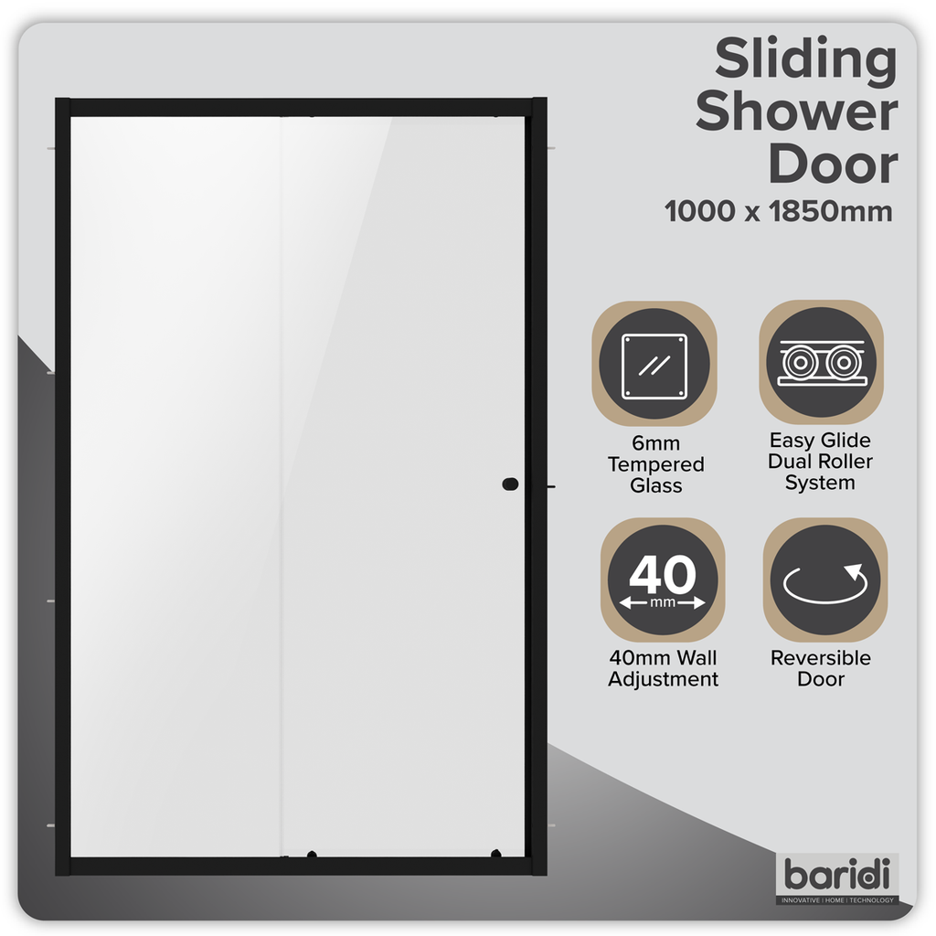 Sliding Shower Door 1000 x 1850mm, 6mm Tempered Glass, Reversible - Black DH293