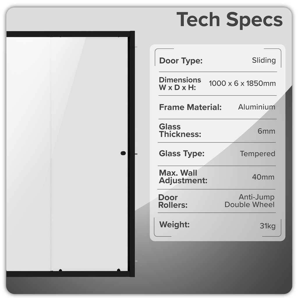 Sliding Shower Door 1000 x 1850mm, 6mm Tempered Glass, Reversible - Black DH293