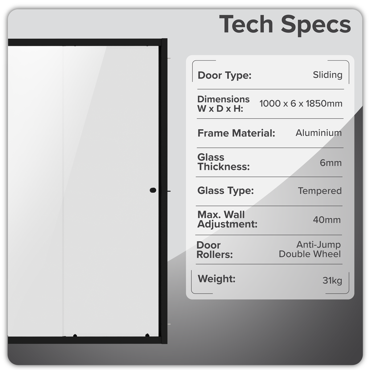 Sliding Shower Door 1000 x 1850mm, 6mm Tempered Glass, Reversible - Black DH293