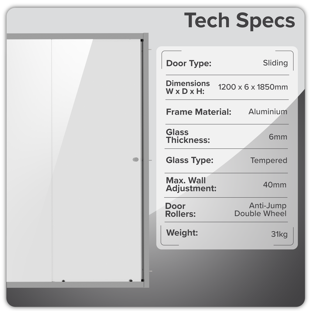 Sliding Shower Door 1200 x 1850mm, 6mm Tempered Glass, Reversible - Black DH295