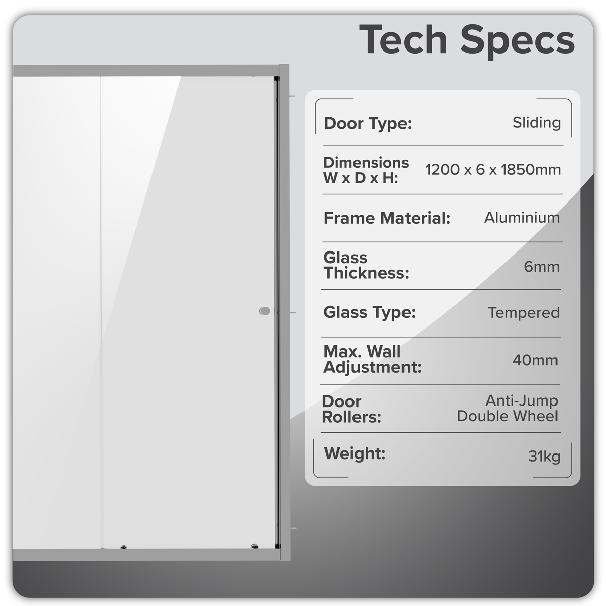 Sliding Shower Door 1200 x 1850mm, 6mm Tempered Glass, Reversible - Black DH295