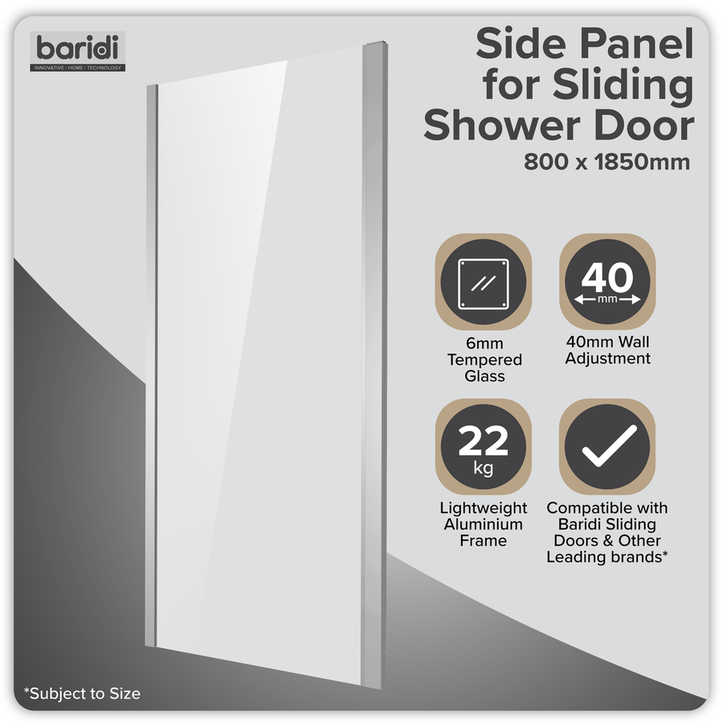 Side Panel for Sliding Shower Doors, 6mm Tempered Glass - Chrome DH296