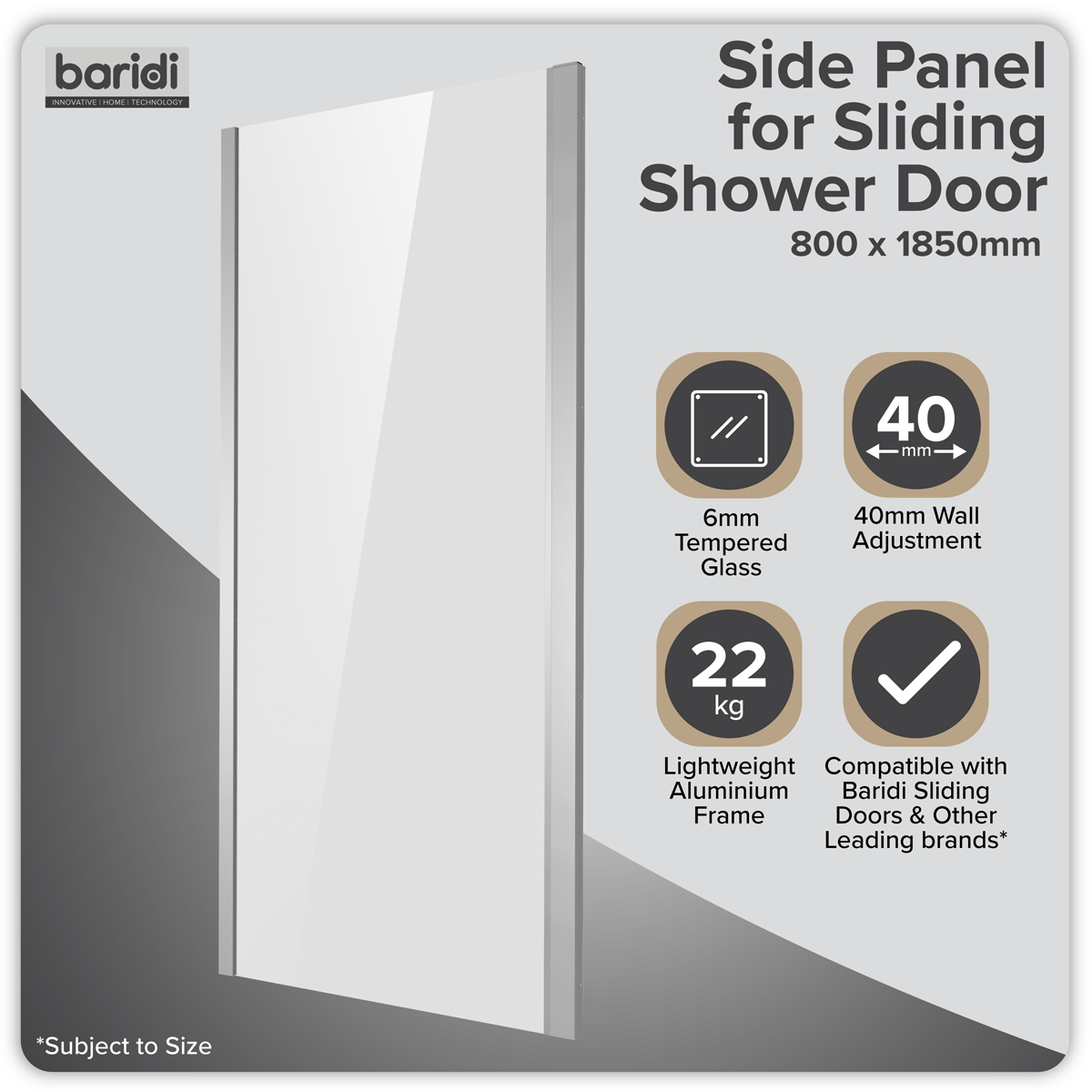 Side Panel for Sliding Shower Doors, 6mm Tempered Glass - Chrome DH296