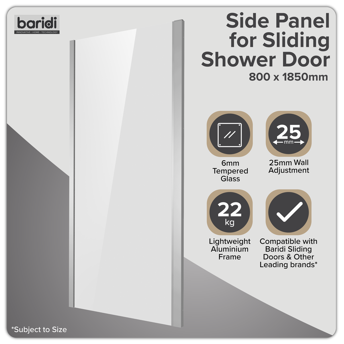 Side Panel for Sliding Shower Doors, 6mm Tempered Glass - Chrome DH296