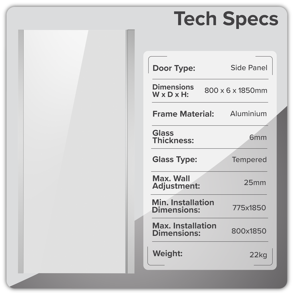 Side Panel for Sliding Shower Doors, 6mm Tempered Glass - Chrome DH296