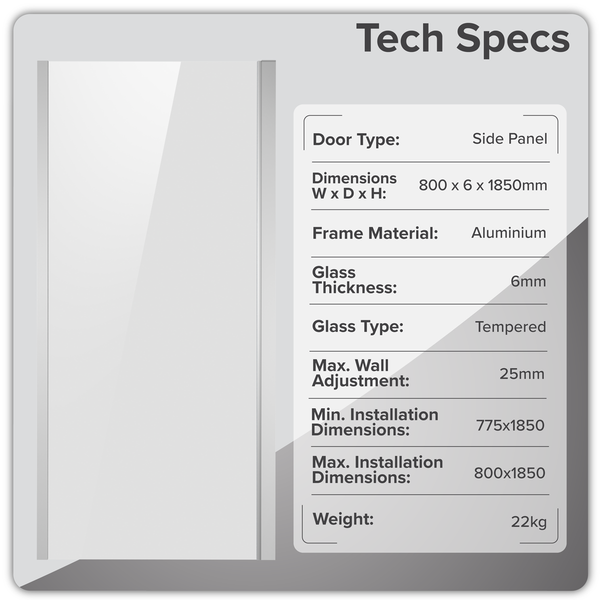 Side Panel for Sliding Shower Doors, 6mm Tempered Glass - Chrome DH296