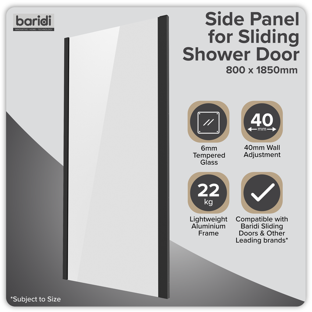 Side Panel for Sliding Shower Doors, 6mm Tempered Glass - Black DH297