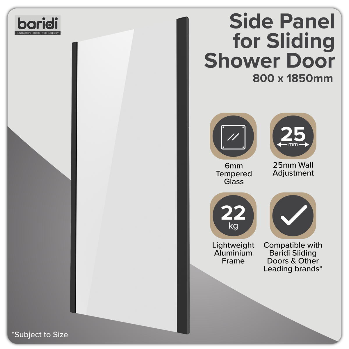 Side Panel for Sliding Shower Doors, 6mm Tempered Glass - Black DH297