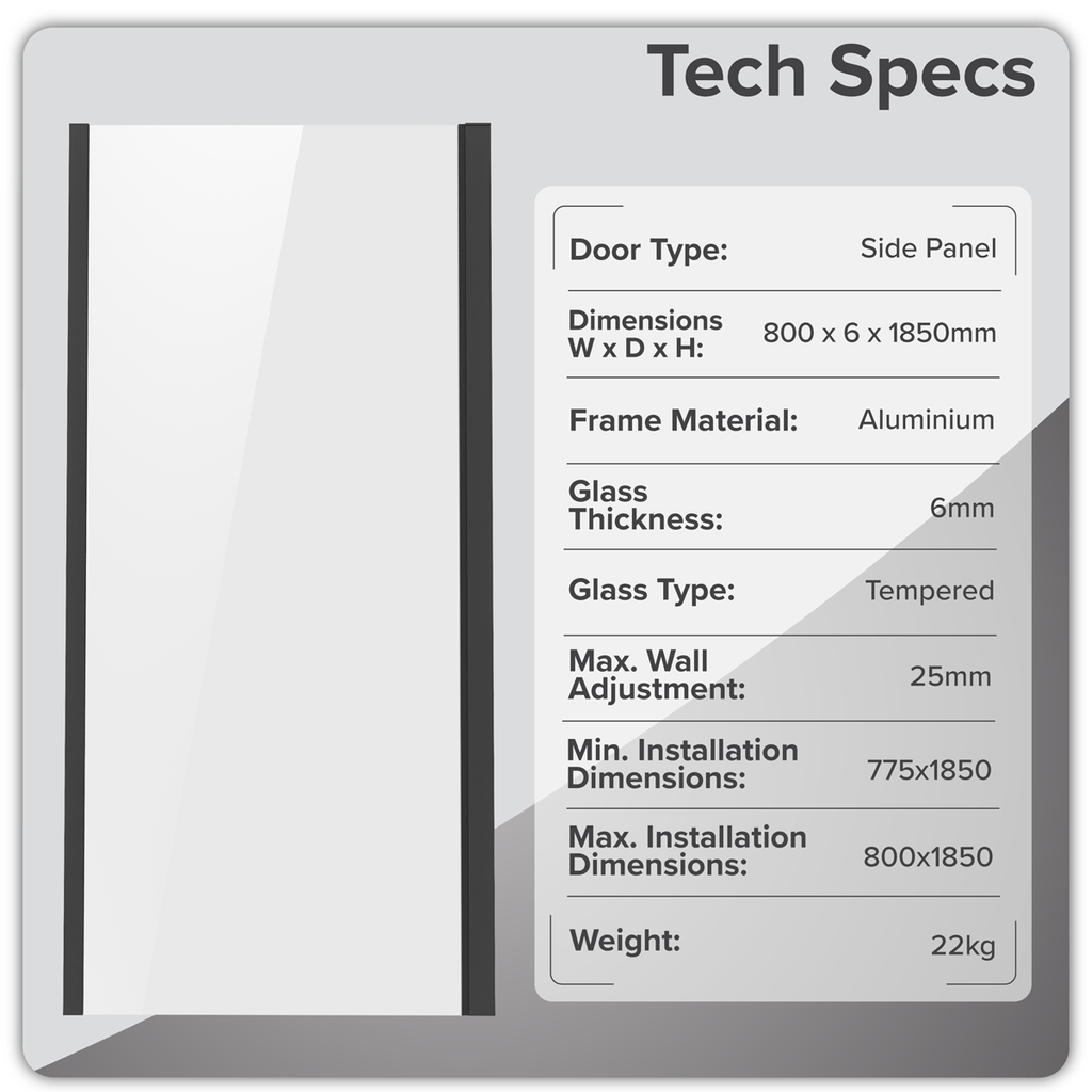 Side Panel for Sliding Shower Doors, 6mm Tempered Glass - Black DH297