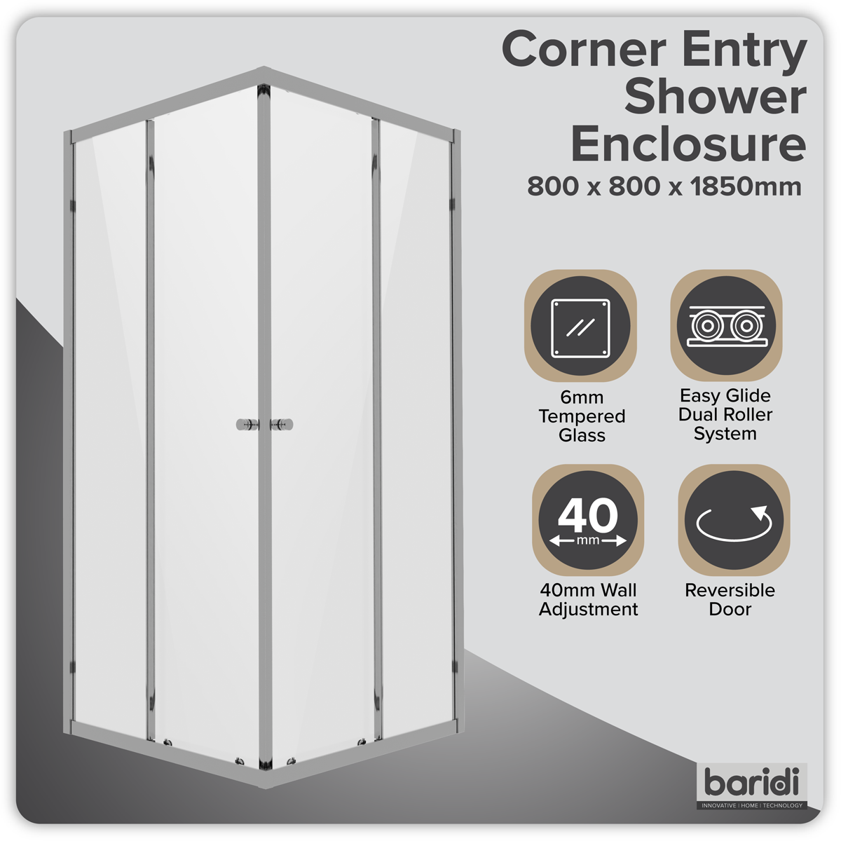 Corner Shower Entry Enclosure 800 x 800 x 1850mm with 6mm Tempered Glass - Chrome DH298