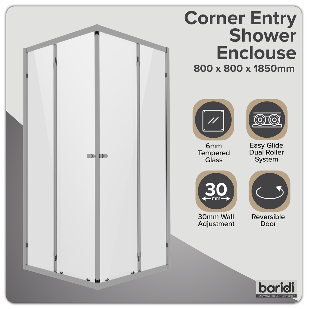 Corner Shower Entry Enclosure 800 x 800 x 1850mm with 6mm Tempered Glass - Chrome DH298