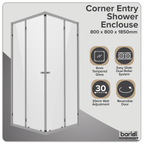 Corner Shower Entry Enclosure 800 x 800 x 1850mm with 6mm Tempered Glass - Chrome DH298