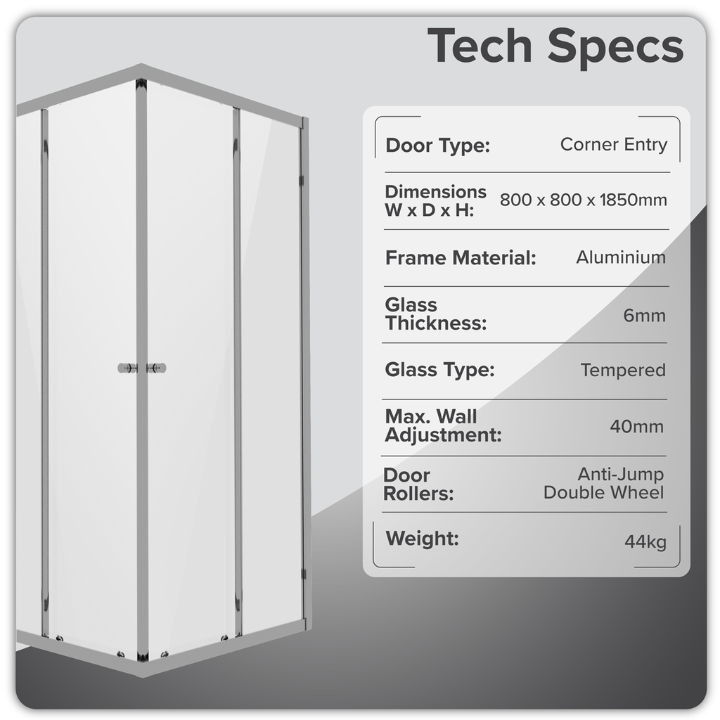 Corner Shower Entry Enclosure 800 x 800 x 1850mm with 6mm Tempered Glass - Chrome DH298