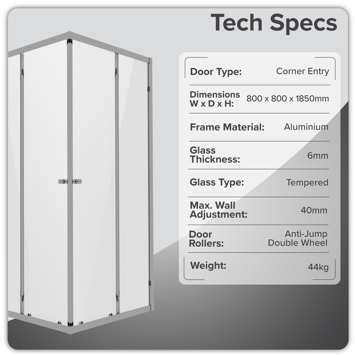 Corner Shower Entry Enclosure 800 x 800 x 1850mm with 6mm Tempered Glass - Chrome DH298