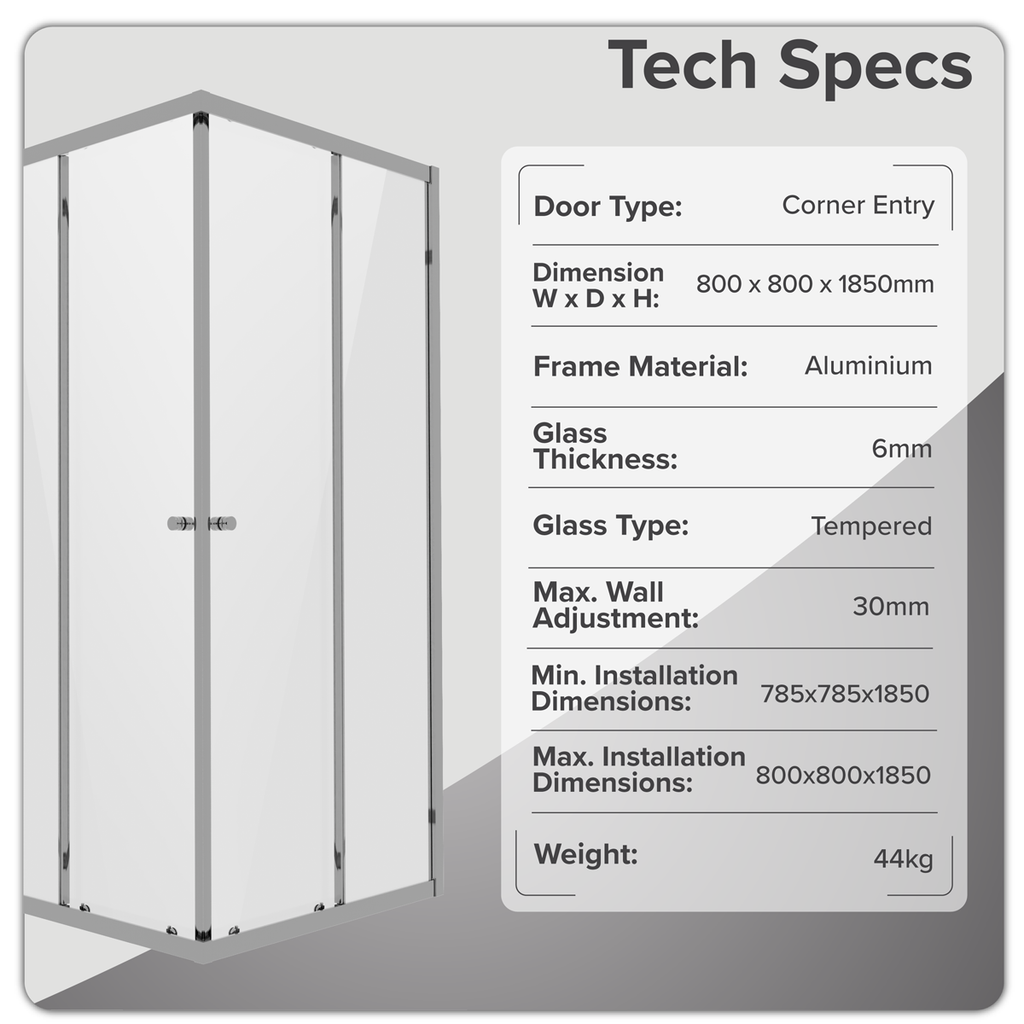 Corner Shower Entry Enclosure 800 x 800 x 1850mm with 6mm Tempered Glass - Chrome DH298