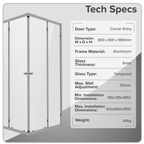 Corner Shower Entry Enclosure 800 x 800 x 1850mm with 6mm Tempered Glass - Chrome DH298