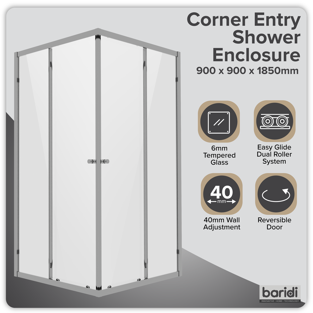 Corner Shower Entry Enclosure 900 x 900 x 1850mm with 6mm Tempered Glass - Chrome DH299
