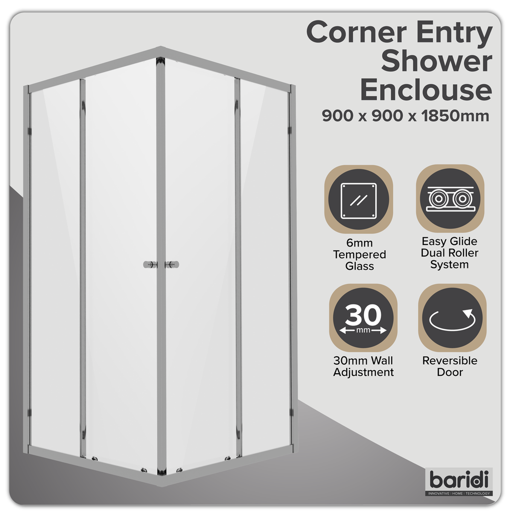 Corner Shower Entry Enclosure 900 x 900 x 1850mm with 6mm Tempered Glass - Chrome DH299