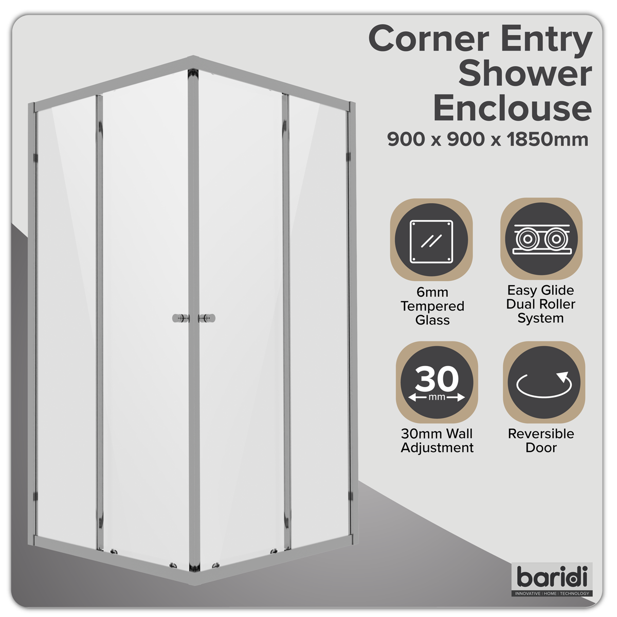 Corner Shower Entry Enclosure 900 x 900 x 1850mm with 6mm Tempered Glass - Chrome DH299