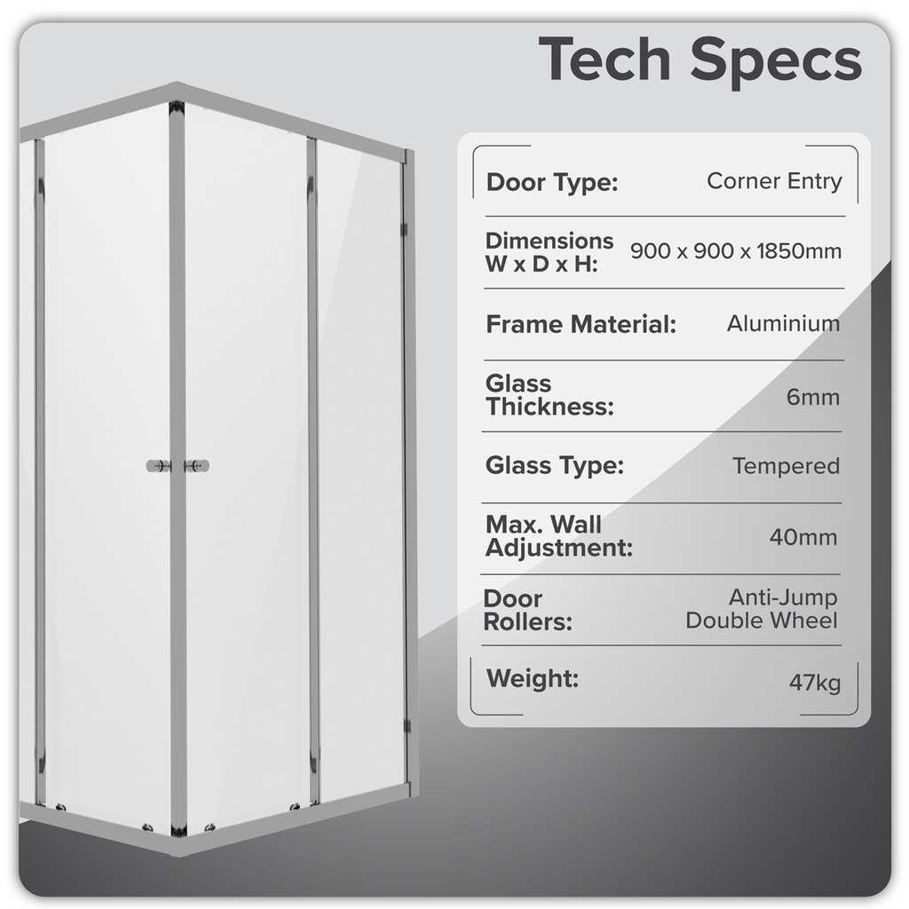 Corner Shower Entry Enclosure 900 x 900 x 1850mm with 6mm Tempered Glass - Chrome DH299