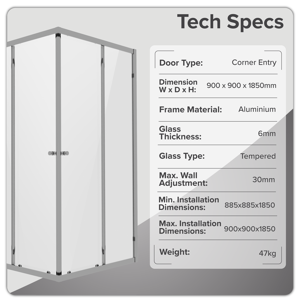 Corner Shower Entry Enclosure 900 x 900 x 1850mm with 6mm Tempered Glass - Chrome DH299