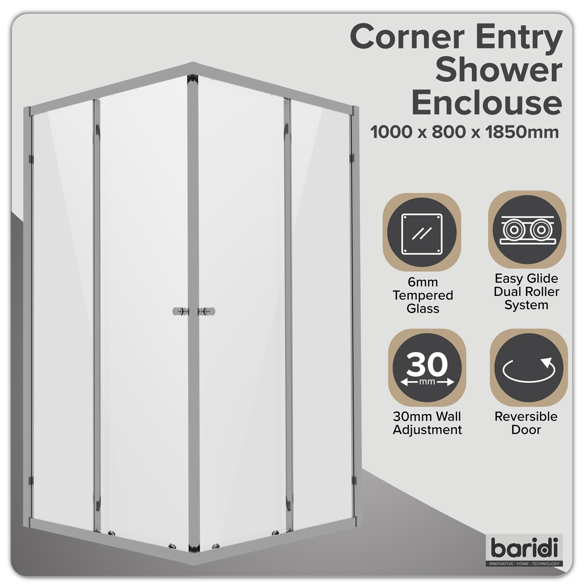 Corner Shower Entry Enclosure 1000 x 800 x 1850mm with 6mm Tempered Glass - Chrome DH300