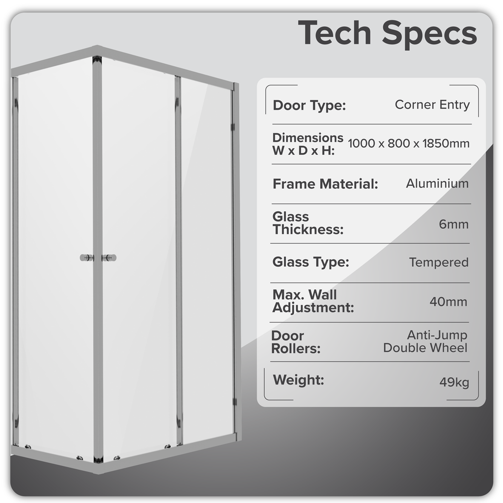 Corner Shower Entry Enclosure 1000 x 800 x 1850mm with 6mm Tempered Glass - Chrome DH300
