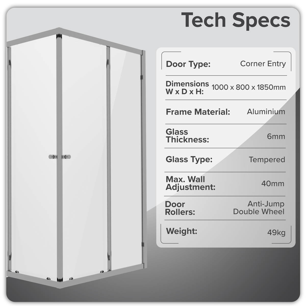 Corner Shower Entry Enclosure 1000 x 800 x 1850mm with 6mm Tempered Glass - Chrome DH300