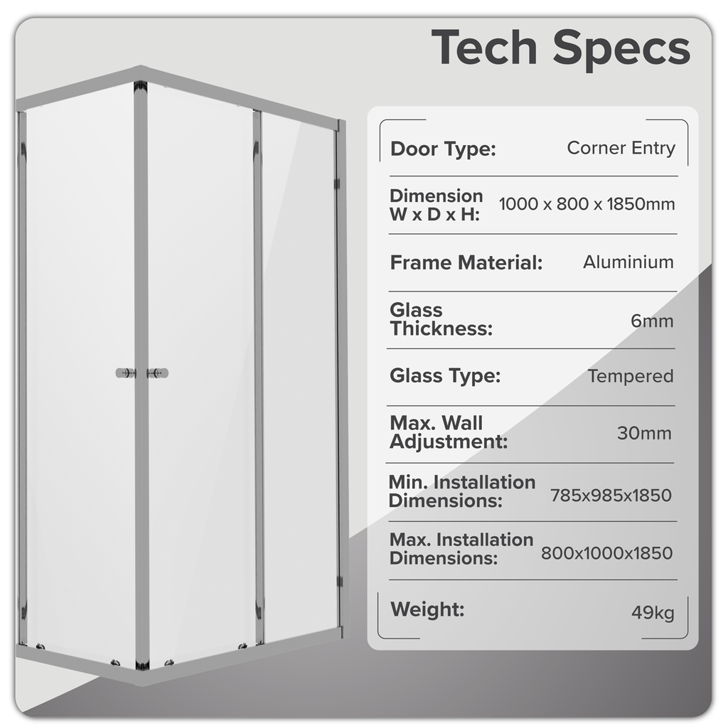 Corner Shower Entry Enclosure 1000 x 800 x 1850mm with 6mm Tempered Glass - Chrome DH300