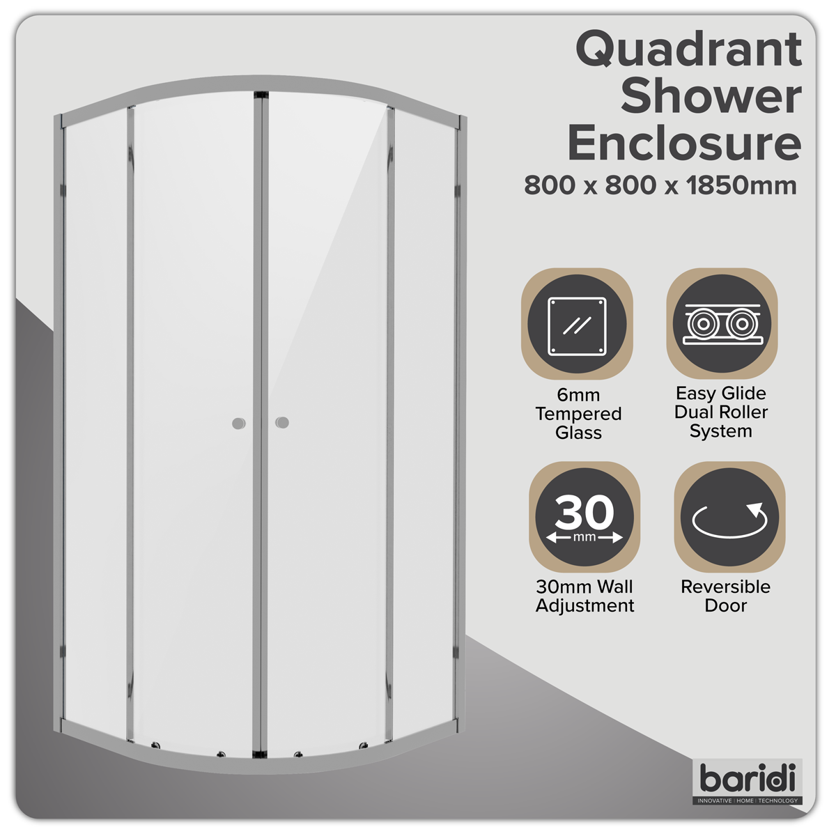 Quadrant Shower Entry Enclosure 800 x 800 x 1850mm with 6mm Tempered Glass - Chrome DH301