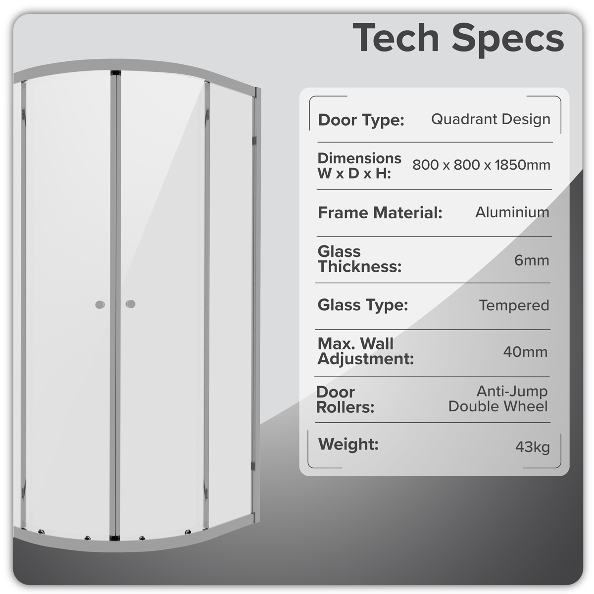 Quadrant Shower Entry Enclosure 800 x 800 x 1850mm with 6mm Tempered Glass - Chrome DH301