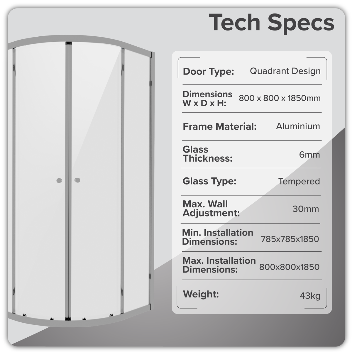 Quadrant Shower Entry Enclosure 800 x 800 x 1850mm with 6mm Tempered Glass - Chrome DH301